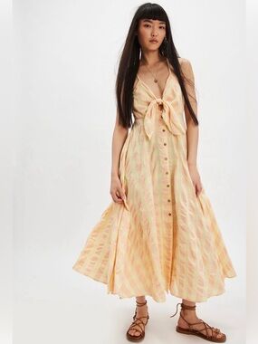 Free People Gingham Plaid Tie-Front Button Down Via Midi Dress